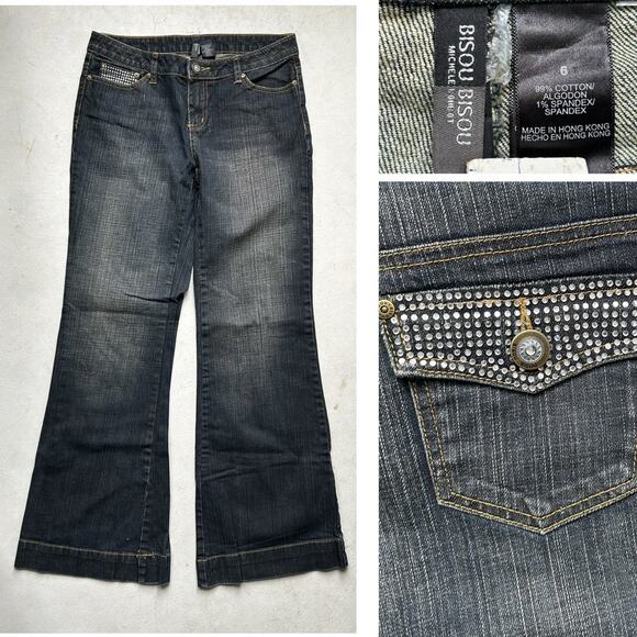 Y2K Rhinestone Pocket Flare Jeans Women’s Sz 6 Dark Wash Bling Denim Retro Bisou - Picture 1 of 12